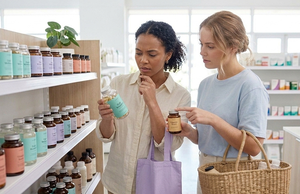 Women choosing vitamins at a pharmacy